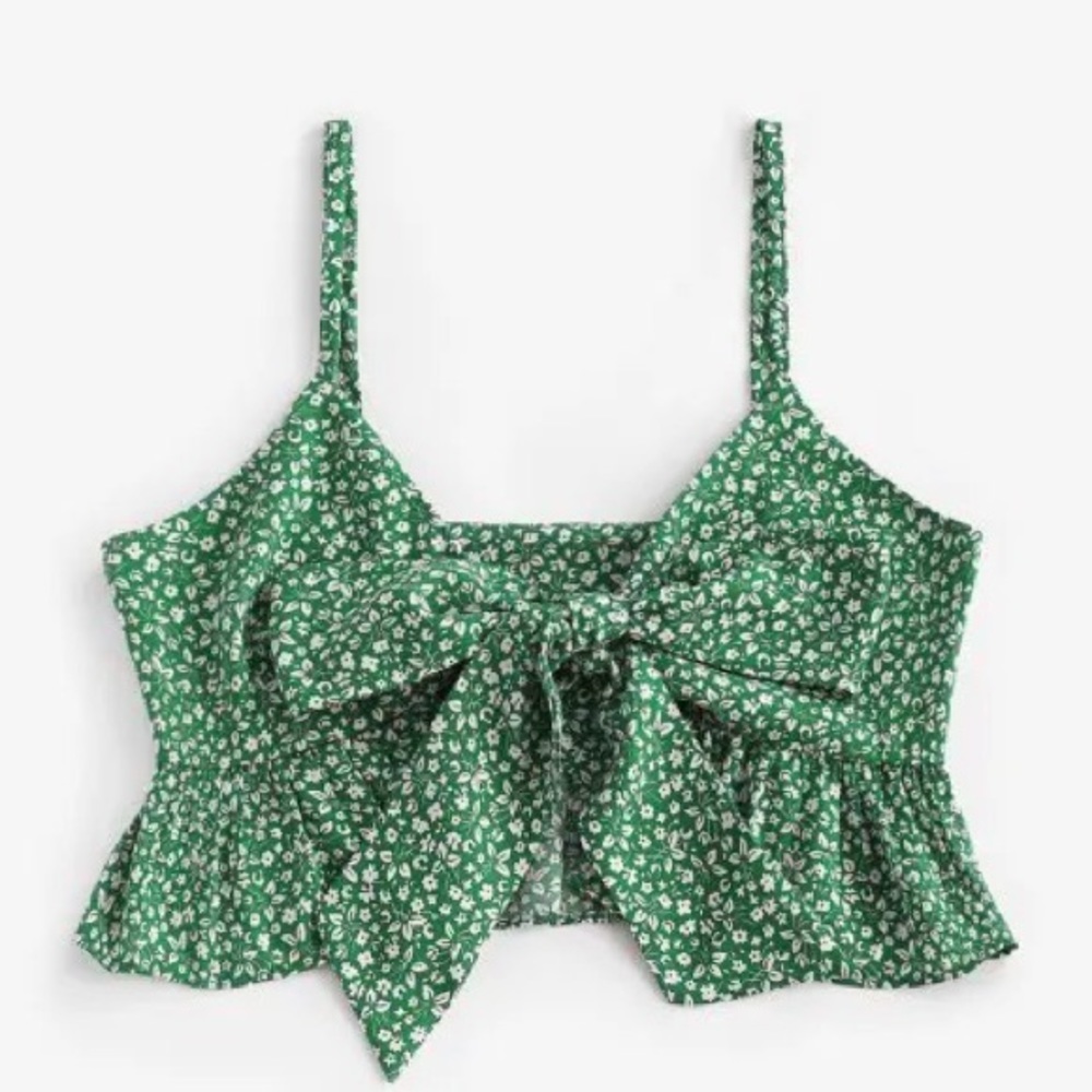 Zaful Green Floral Front Tie Cropped Top